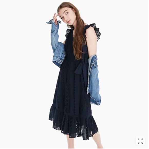 J.Crew Lace Crochet Midi Dress A-skirt Wrap Belted Navy Sz. XS ALL OVER EYELET - Picture 14 of 16